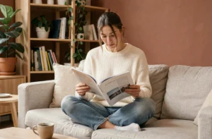 Femme lisant un magazine féminin sur un canapé en lin dans un salon cosy et moderne