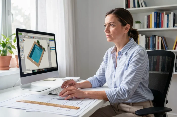 Femme utilisant un logiciel simulateur pour calculer l'emprise au sol d'une piscine depuis son bureau à domicile