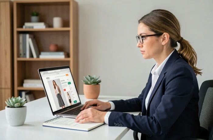 Femme consultant un magazine féminin en ligne sur un ordinateur portable dans un bureau minimaliste à domicile
