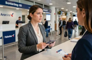 Femme mariée au comptoir d'enregistrement d'un aéroport tenant son passeport et sa carte d'embarquement