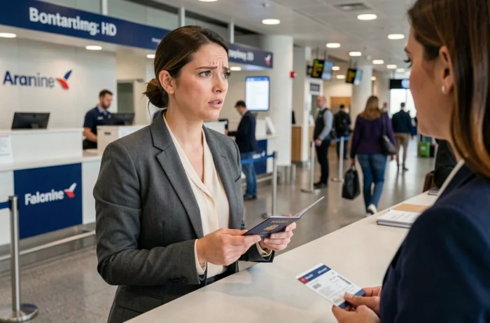 Femme mariée au comptoir d'enregistrement d'un aéroport tenant son passeport et sa carte d'embarquement