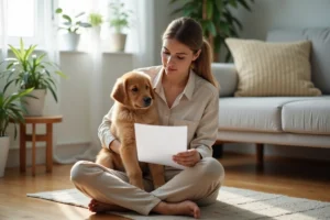 Femme consultant un document de mutuelle santé pour animaux en tenant un chiot golden retriever dans ses bras