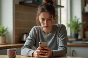 Femme regardant un numéro de téléphone inconnu commençant par 06 sur son smartphone dans une cuisine moderne
