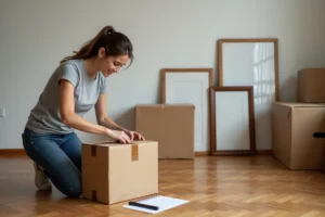 Femme organisant des cartons de déménagement étiquetés dans un salon vidé avec parquet en bois