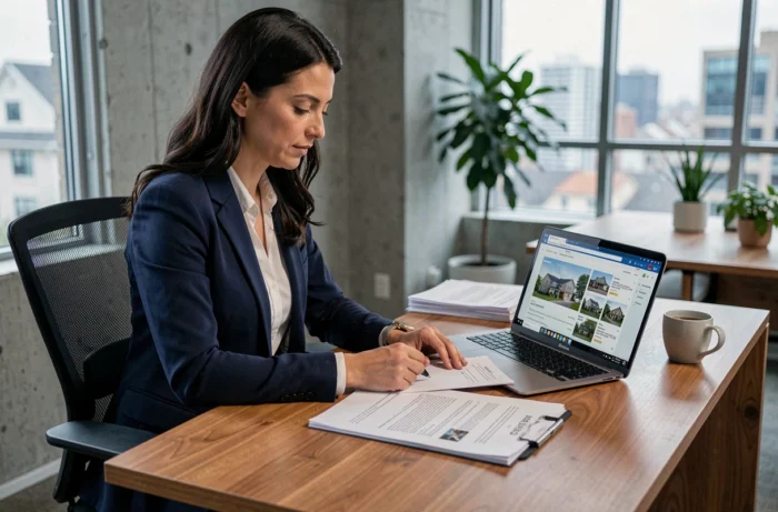 Professionnelle de l'immobilier en costume marine analysant des contrats dans un bureau contemporain