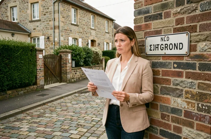Femme debout devant une maison tenant un courrier administratif et vérifiant le panneau de rue en raison d'une discordance cadastrale