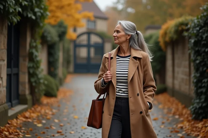 Femme senior stylée en manteau camel marchant dans une ruelle pavée aux couleurs d'automne