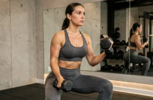 Femme en tenue de sport effectuant un squat avec des haltères dans un home gym moderne aux murs en béton