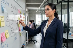 Femme professionnelle présentant une stratégie marketing 2024 devant un tableau blanc dans un bureau moderne