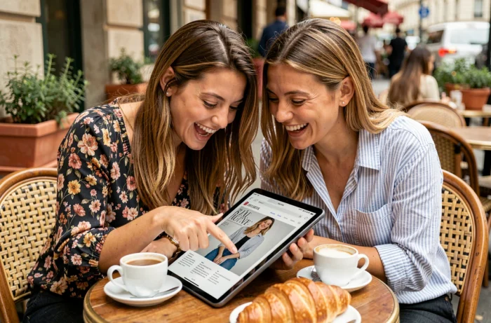 Deux femmes partageant des révélations d'un magazine féminin en ligne sur une terrasse de café parisien