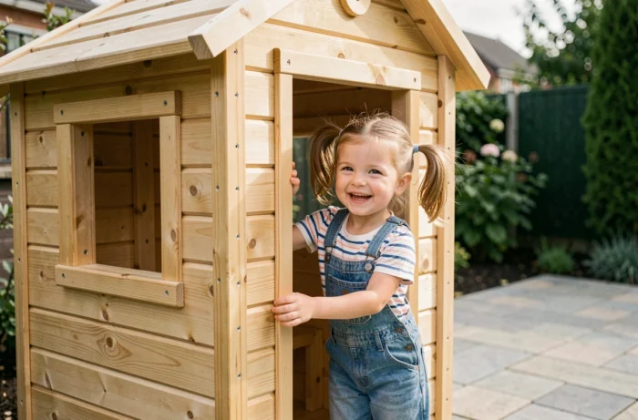 Fillette souriante devant une cabane en bois de jardin style brico dépôt avec panneaux en pin naturel