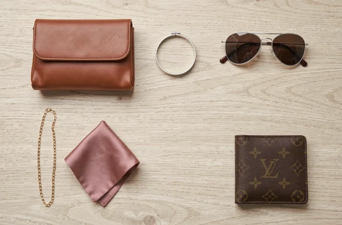 Flat lay d'accessoires de mode du quotidien sur bois clair incluant sac clutch cuir, bijoux dorés et lunettes aviateur