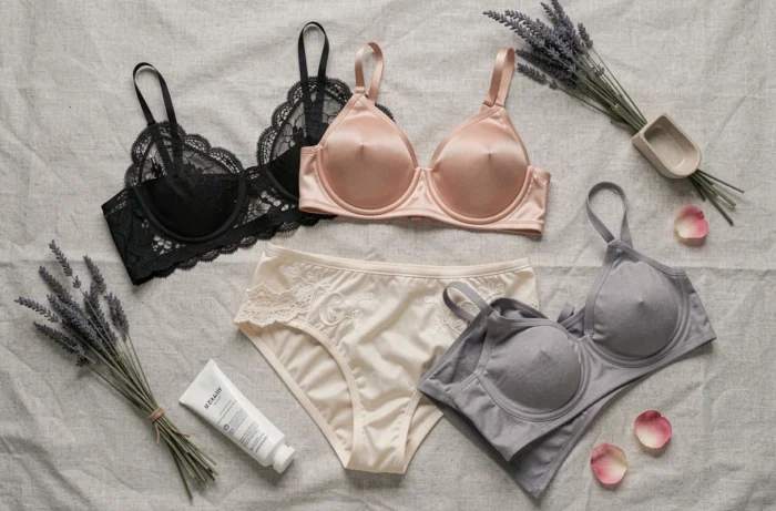Flat lay de pièces de lingerie féminine variées sur tissu lin avec accessoires de lifestyle minimalistes
