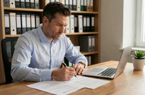 Homme en train d'examiner un contrat de prêt immobilier avec les frais d'hypothèque détaillés sur un bureau en bois à domicile