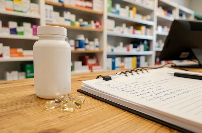 Gros plan de gélules et d'un flacon de complément alimentaire posés sur un comptoir de pharmacie avec un bloc-notes annoté