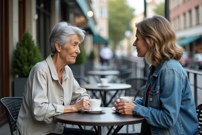 Grand-mère et sa fille en conversation bienveillante à une terrasse de café, cherchant des solutions au syndrome d'épuisement