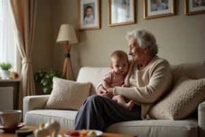 Grand-mère épuisée assise sur un canapé avec deux jeunes enfants, illustrant le syndrome de la grand-mère épuisée