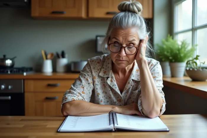 Femme âgée fatiguée assise seule à une table de cuisine avec un agenda chargé, symbole du surmenage des grands-mères