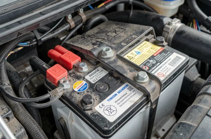 Gros plan sur les bornes d'une batterie neuve correctement installée dans le compartiment moteur d'une Peugeot 208