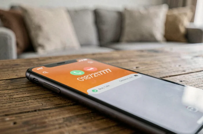 Gros plan d'un smartphone affichant un appel entrant du numéro 0187217777 associé à Amazon, posé sur une table en bois