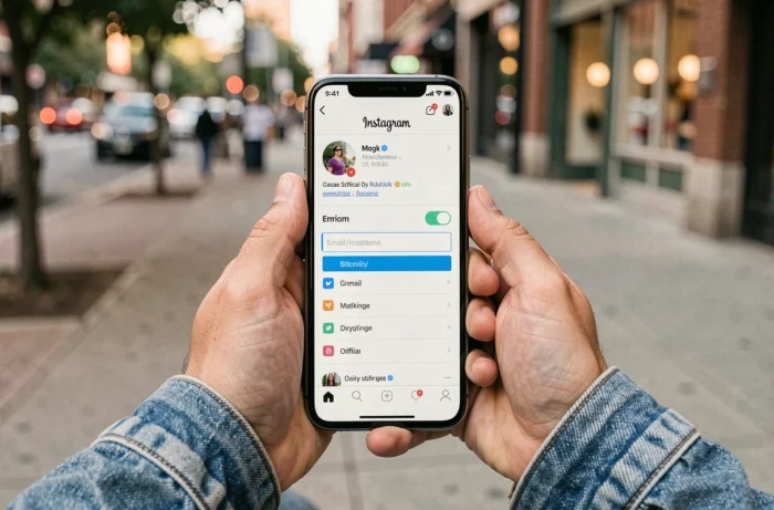 Gros plan sur un smartphone affichant les paramètres Instagram avec le champ d'adresse email mis en évidence en plein air