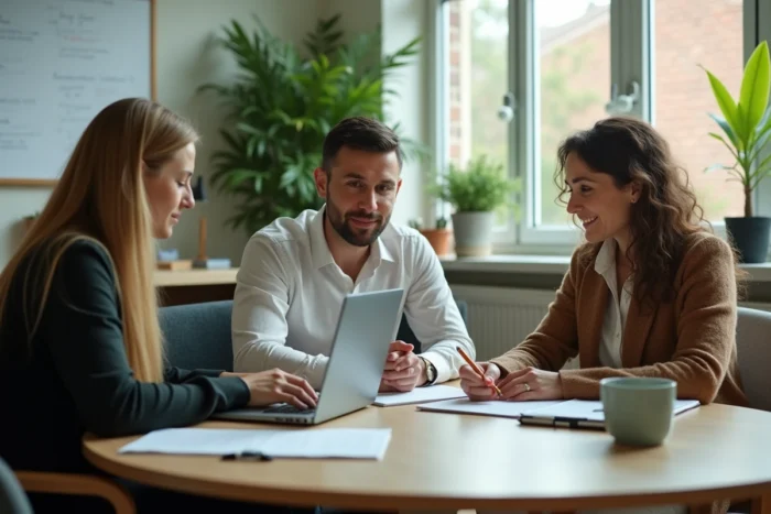 Groupe d'enseignants en réunion collaborative pour planifier leur avenir professionnel après le pacte enseignant