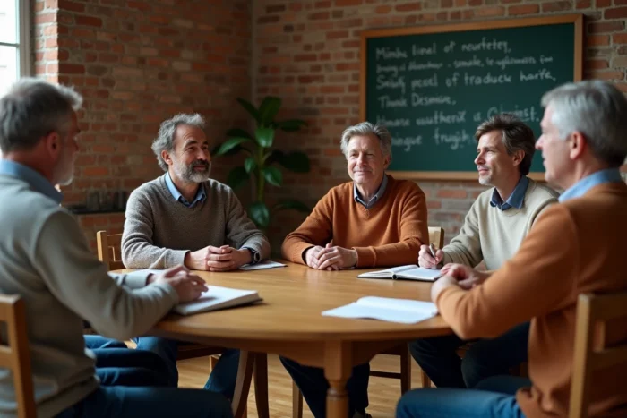 Groupe d'adultes participant à une étude biblique autour d'une table dans une salle communautaire