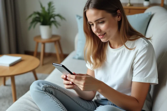 Jeune femme suivant un guide pas à pas pour se connecter à l'espace client Merci Victor sur smartphone