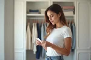 Femme consultant l'étiquette de taille d'un t-shirt S dans un dressing minimaliste bien rangé