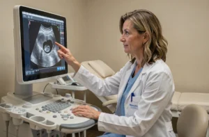 Gynécologue pointant un écran d'échographie montrant un sac gestationnel à 5 semaines de grossesse