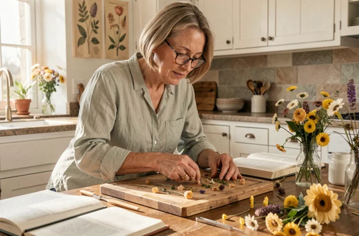 Femme d'âge mûr pratiquant l'herbier botanique à une table de cuisine lumineuse avec des fleurs sauvages