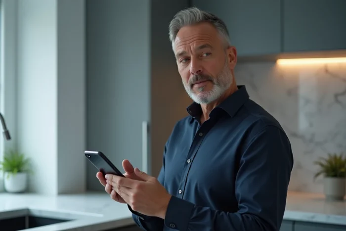 Homme utilisant l'application Amazon sur smartphone pour gérer ses commandes dans une cuisine moderne