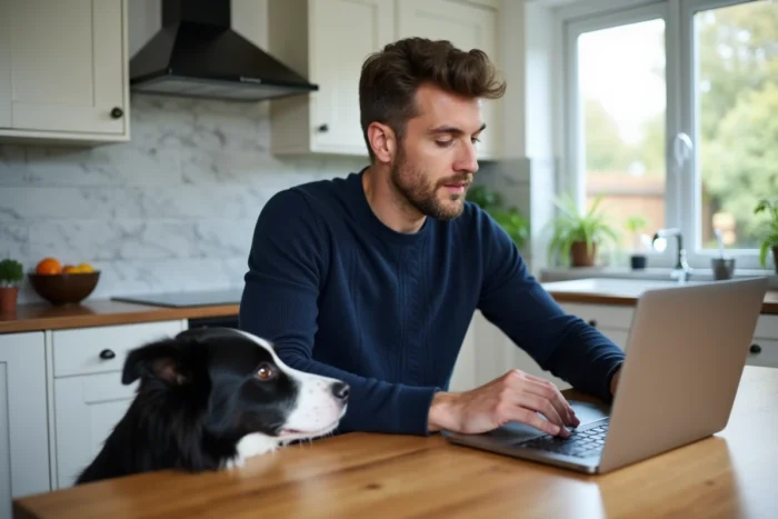 Homme comparant des mutuelles santé pour animaux sur un ordinateur portable avec son border collie à ses côtés