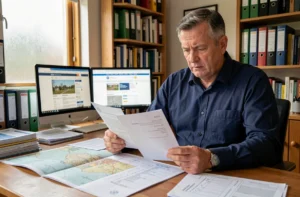 Homme consultant des documents cadastraux et postaux sur un bureau pour résoudre une discordance d'adresse