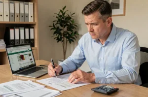Homme consultant des documents de prêt immobilier à son bureau à domicile avec calculatrice et ordinateur portable