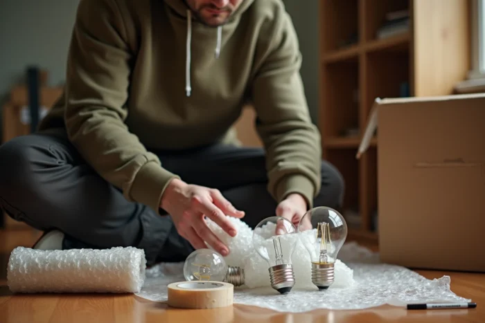 Homme emballant des ampoules dans du papier bulle pour un déménagement