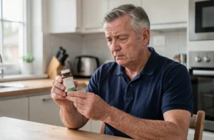 Homme adulte examinant attentivement un flacon de complément alimentaire Audistim avec une expression préoccupée