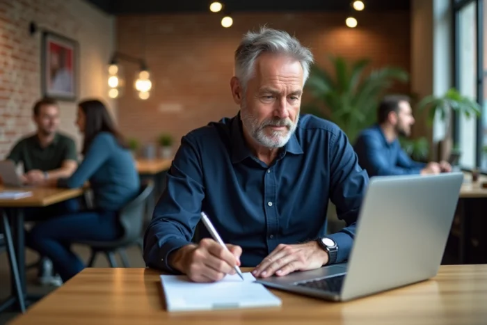 Homme prenant des notes lors d'une formation en ligne dans un espace de coworking moderne