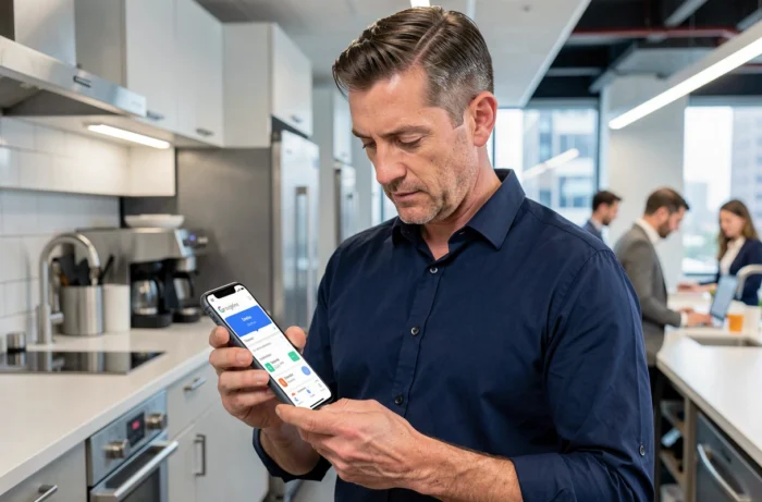 Homme consultant les offres Google One sur smartphone dans un bureau moderne