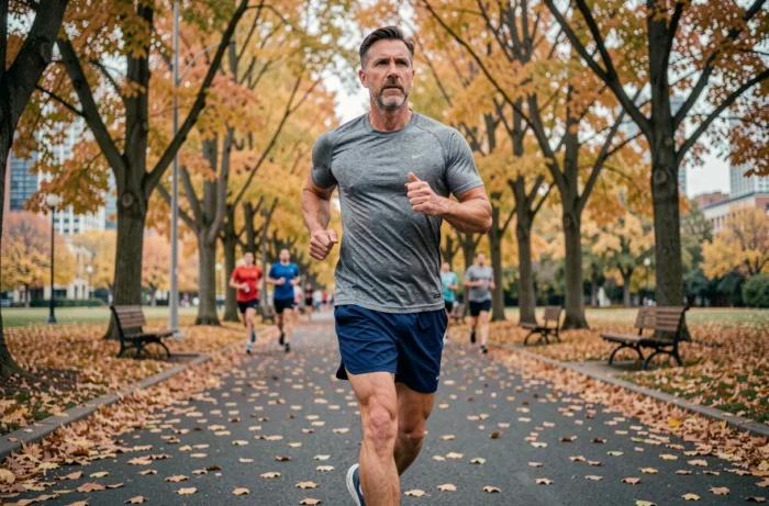 Homme en tenue de running faisant du jogging dans un parc urbain en automne avec des feuilles dorées au sol