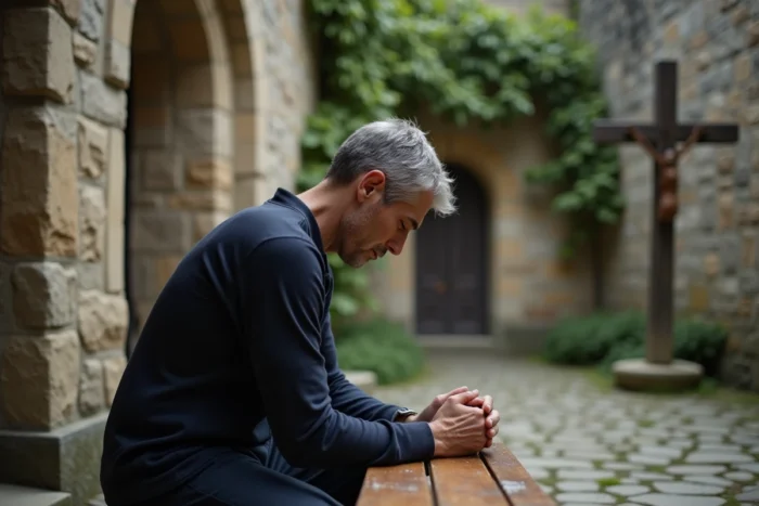 Homme en prière dans un cour de chapelle en pierre, expression de recueillement sincère