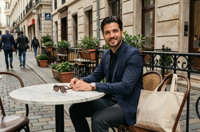 Homme stylé avec montre en cuir et sac canvas assis en terrasse urbaine entouré d'accessoires de mode