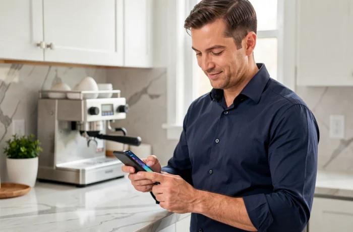 Homme vérifiant sa consommation de données Orange sur son téléphone dans une cuisine moderne