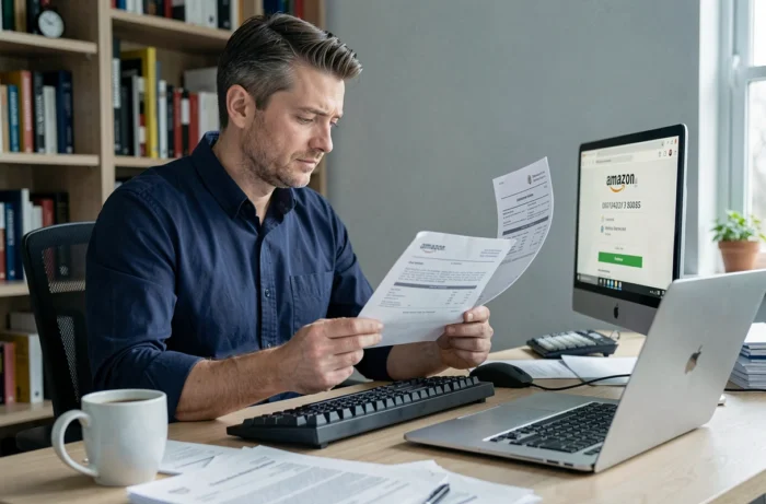 Homme vérifiant un numéro de téléphone Amazon sur son ordinateur portable en comparant une confirmation de commande imprimée dans un bureau à domicile