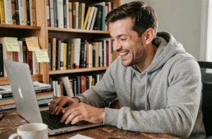 Homme riant devant son ordinateur portable en lisant des blagues décalées sur Choualbox dans un bureau à domicile chaleureux