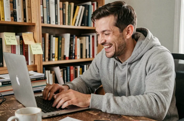 Homme riant devant son ordinateur portable en lisant des blagues décalées sur Choualbox dans un bureau à domicile chaleureux