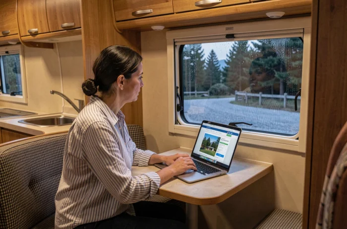 Intérieur d'un camping-car aménagé avec une femme consultant un site de camping sur ordinateur portable lors d'une étape à Dancharia