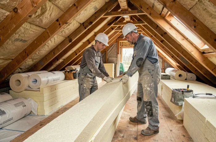Ouvriers posant une isolation thermique en laine minérale dans les combles d'une maison lors d'une rénovation énergétique