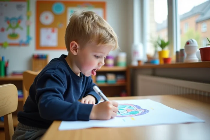 Jeune garçon dessinant avec des marqueurs lavables à une table d'atelier dans un coin créatif de classe