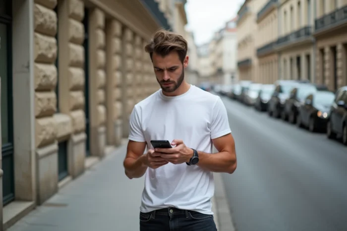 Jeune homme dans la rue vérifiant un numéro de téléphone inconnu en 06 sur son smartphone en plein air
